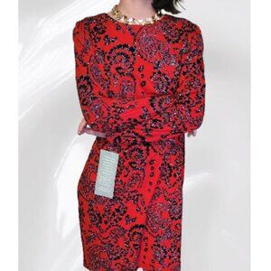 MSK New Women Mini Dress Red /Black Velvet Embroidery, Long Sleeves, SZ- Medium